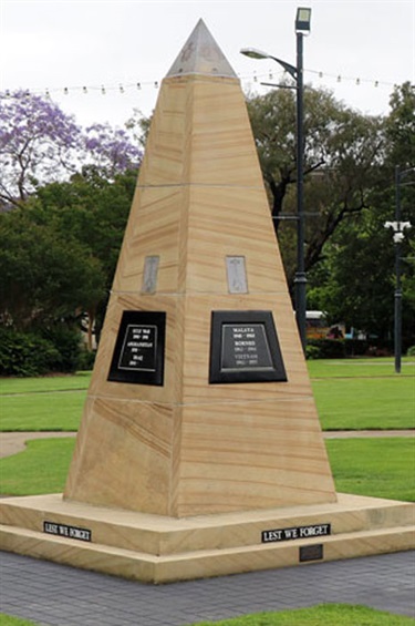 The War Memorial sandstone obelisk at Mawson Park was established in 1991