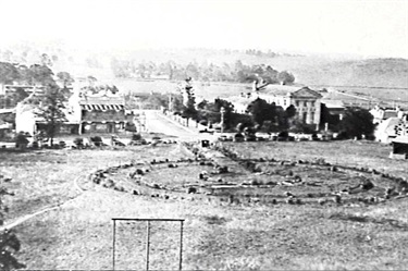 Mawson Park with a view to Queen Street and Railway Street, Campbelltown from the tower at St. Peter's Anglican Church, undated, Clissold Collection, Campbelltown City Library
