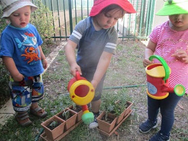 Kids watering pot plants outdoors