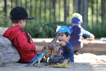 Boys playing with plastic animals