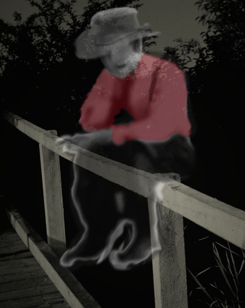 Impression of Fred Fisher's ghost sitting on a railing fence