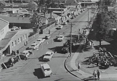 Cnr of Railway and Queen Street Campbelltown. during the Sesquicentenary Celebrations. April 1970. Photo: Geoff Eves.