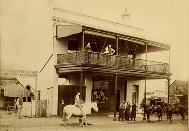 Wilson's Butcher, 249 Queen Street, Campbelltown between G. Mabbott, Shoer, blacksmith and implement maker and Newling & Walker lemonade and cordial. c1890. CAHS