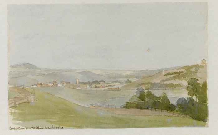 A Water colour painting of the view across Campbelltown in 1860, looking down into the valley