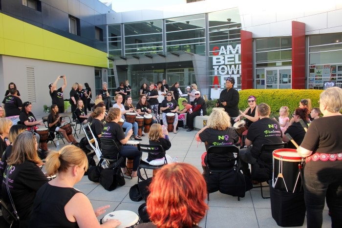 Drummers outside the Campbelltown Arts Centre