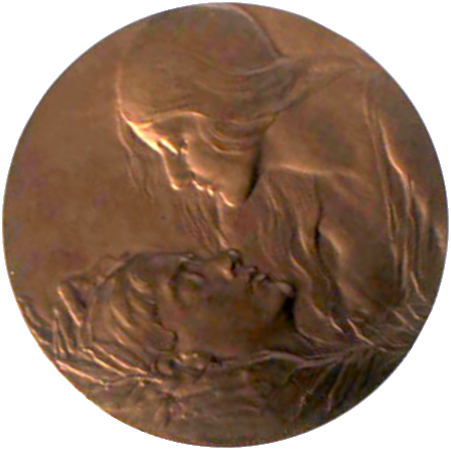 A bronze medal showing a woman and an injured soldier