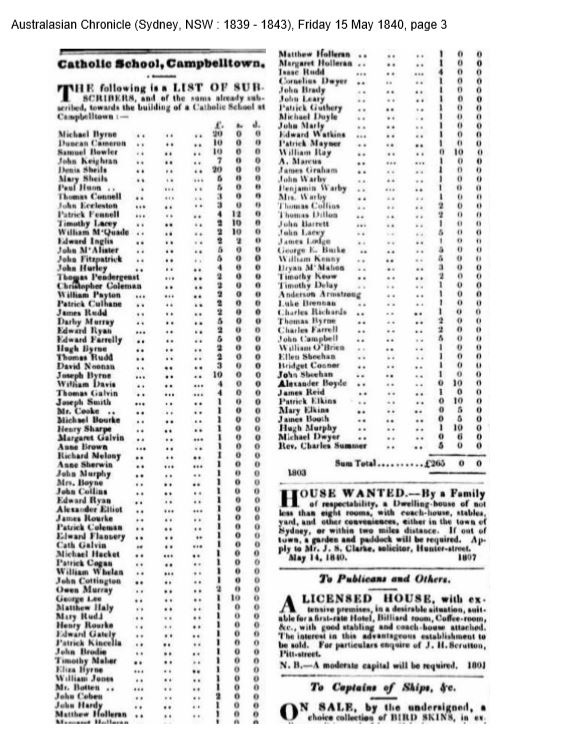 A page from the newspaper that lists families who contributed to the building of St Patrick's School 