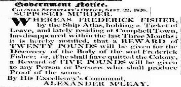 Newspaper advert for a reward to locate the body of missing person Frederick Fisher