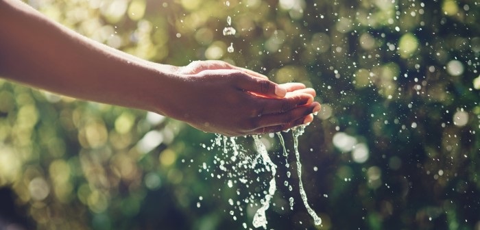 Hands under falling clean water