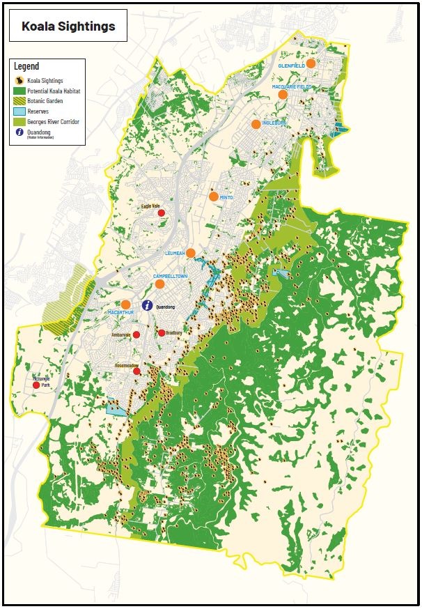 Map of koala sightings in Campbelltown