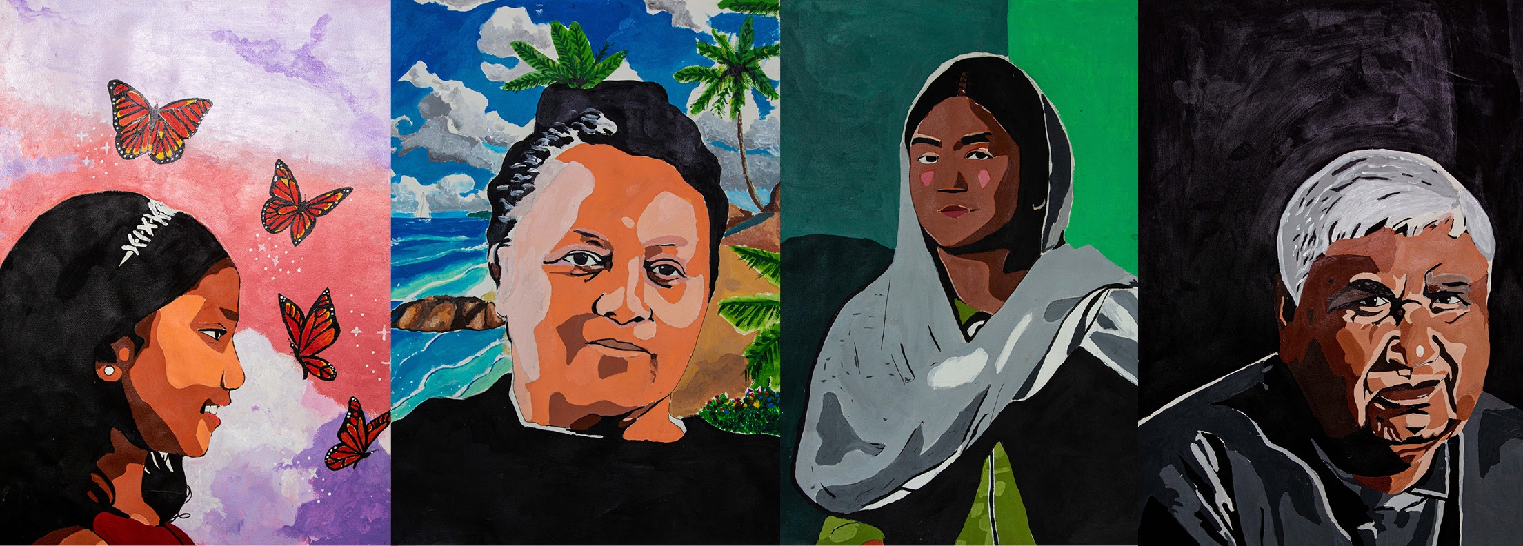 Collage of four painted portraits of different community members, including a young girl, two women and a male elder