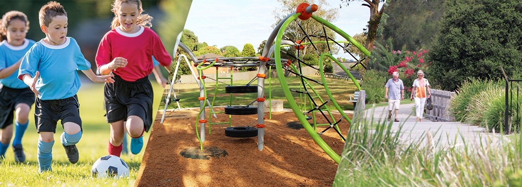 3 decorative images depicting sport, parks and recreation