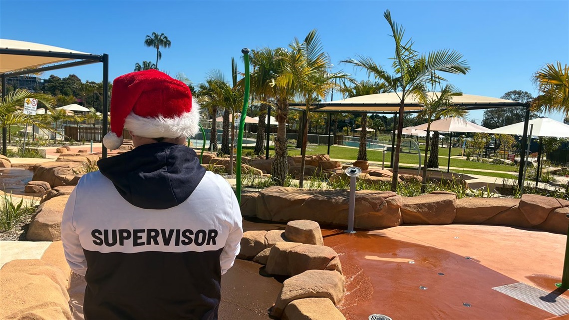 Lifeguard with Santa hat at Billabong