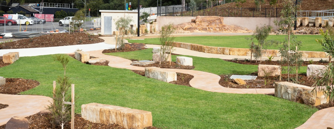 Billabong Parklands landscaped area and water feature