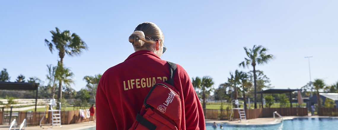 A lifeguard supervises the main pool at the Billabong Parklands