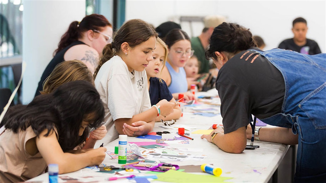 Children doing arts and crafts at a workshop at Campbelltown Arts Centre
