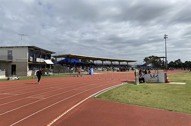 The running track and grandstand at Campbelltown Athletics Centre