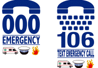 Triple zero with ambulance , police and fire , One zero six text emergency call